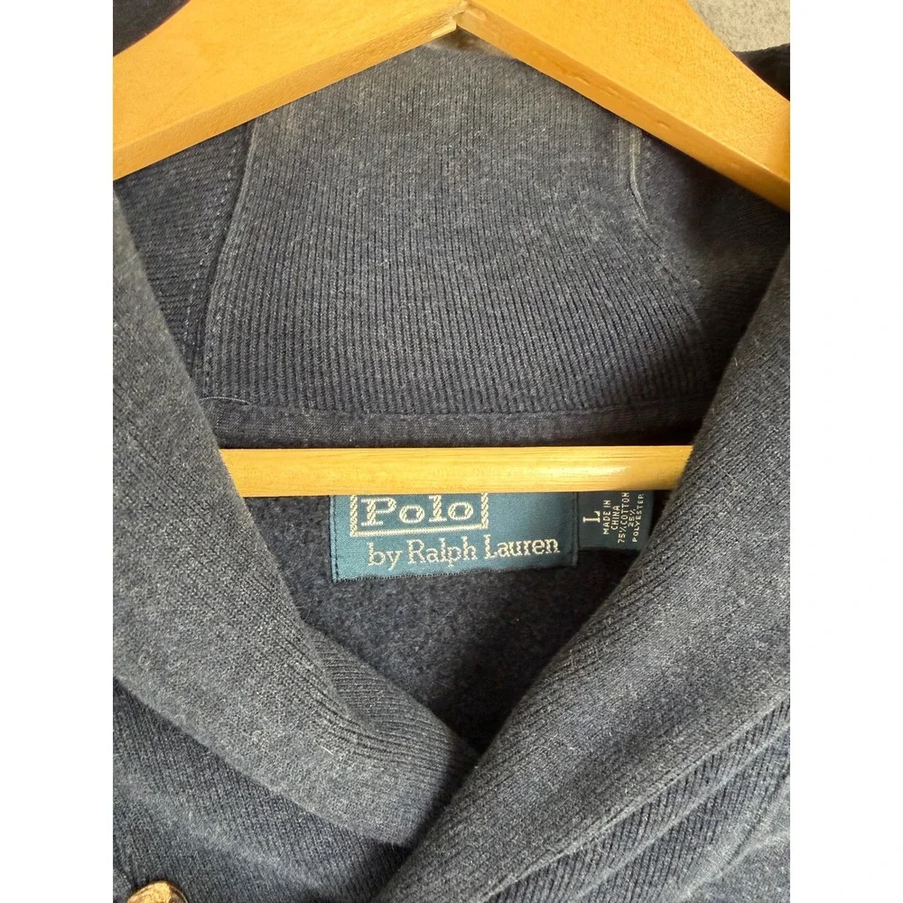 Polo Ralph Lauren Mens Large Navy Shawl Collar Sweatshirt Suede Elbow Patches‎
